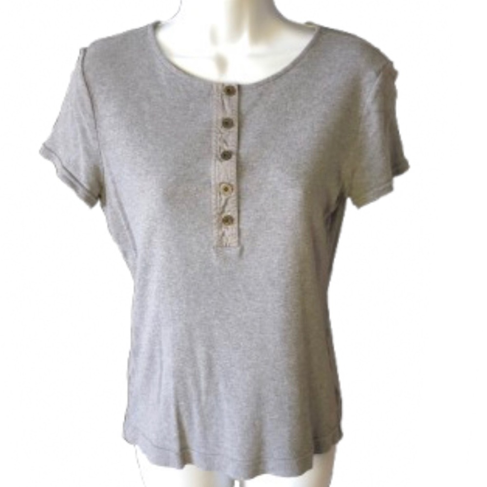 LAUREN RALPH LAUREN GRAY SHORT SLEEVE HENLEY T SHIRT • 5 BUTTON PLACKET • Sz S